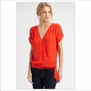 Joie Red Silk Short Sleeve Top with tie at hem